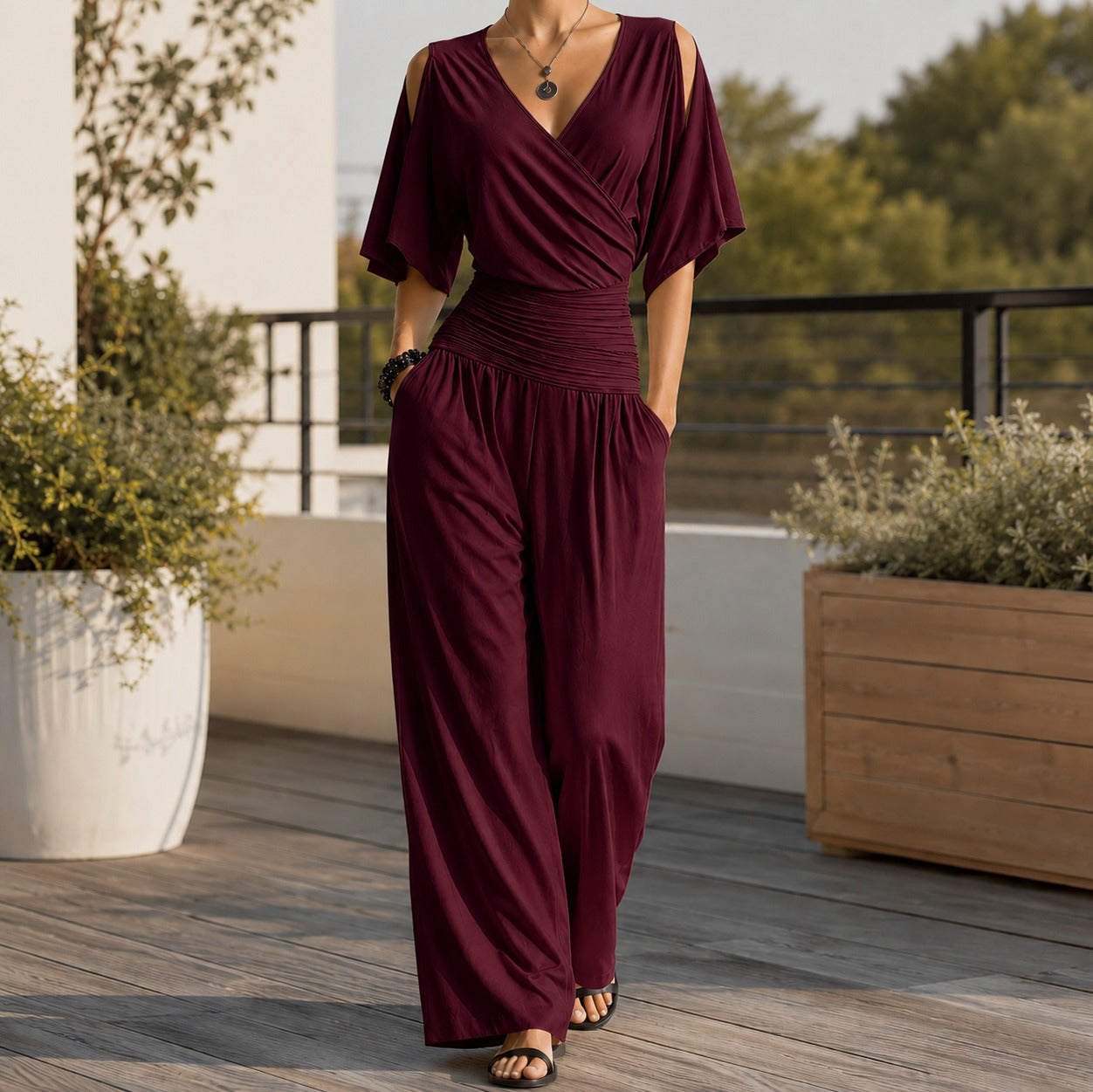 Wrap Smocked Wide Leg Jumpsuit